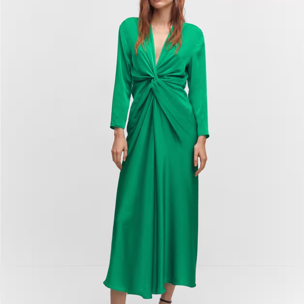 NWT Mango Satin Green Long Midi Dress with Knot Womens Small US 4